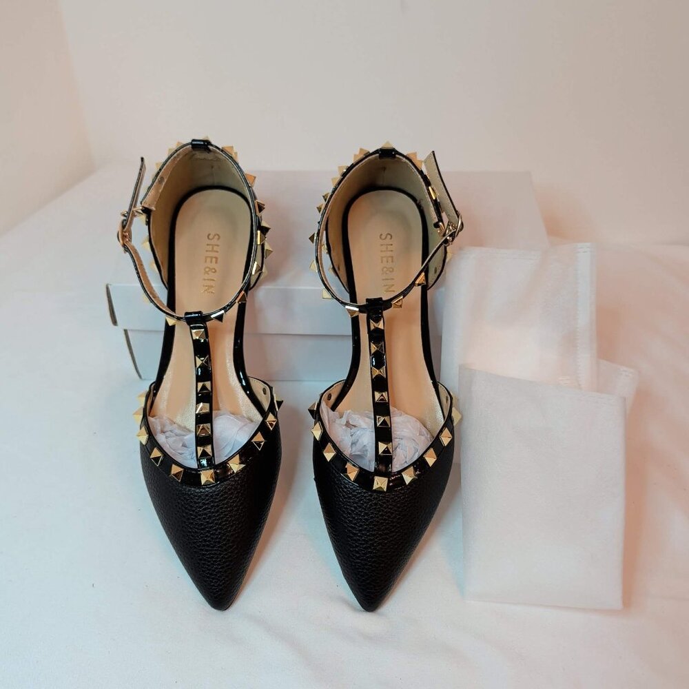 Black and Gold Rockstud T-Strap Pointed Toe Flats